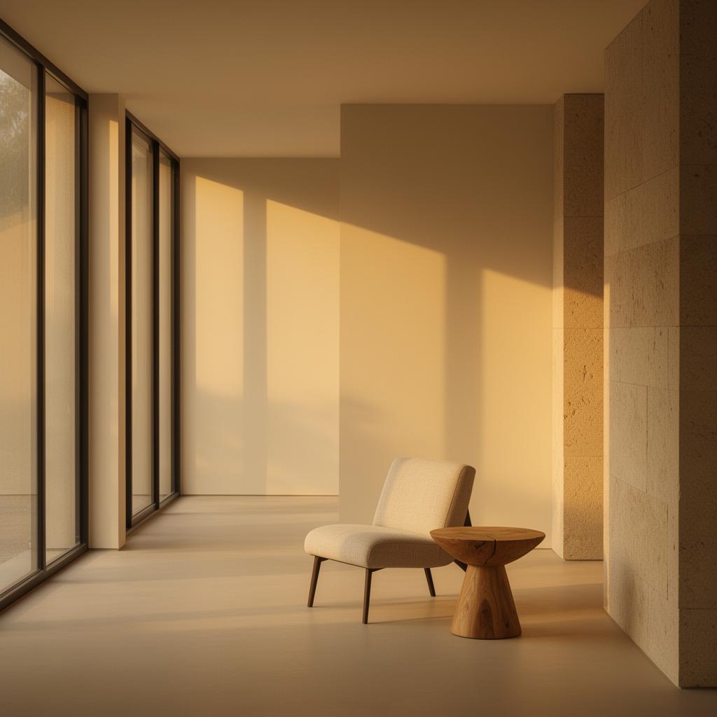 Architektonischer, ruhiger Innenraum mit warmem Tageslicht