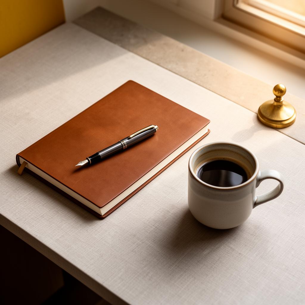 Ruhiger Schreibtisch mit Notizbuch und Kaffeetasse im warmen Tageslicht