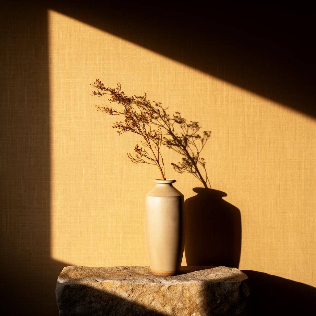 Stille Vase mit getrocknetem Zweig im warmen Sonnenlicht